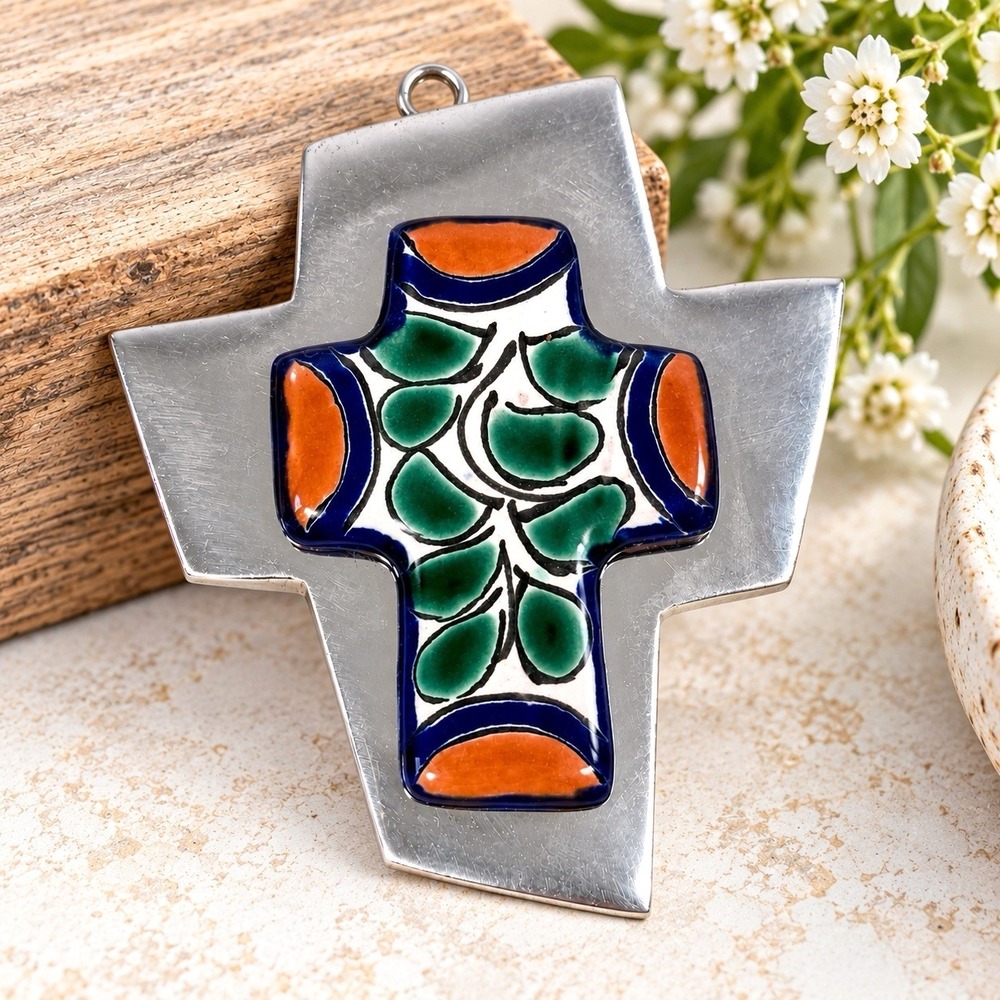 Mexican Talavera Pottery Cross Silver Metal Wall Hanging Mexican Folk Art 4"